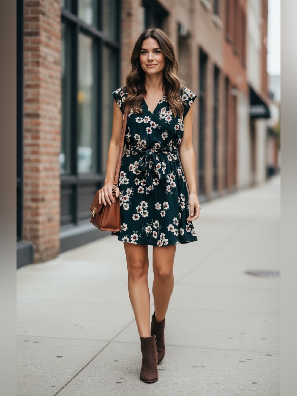 Floral Wrap-Tie Mini Dress in Dark Green